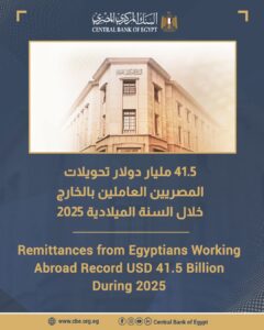 تحويلات المصريين بالخارج تسجل أعلى مستوى تاريخي في 2025 وتقفز إلى 41.5 مليار دولار   